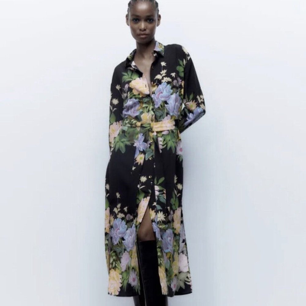 Zara Multicolored Floral Midi Shirt Dress